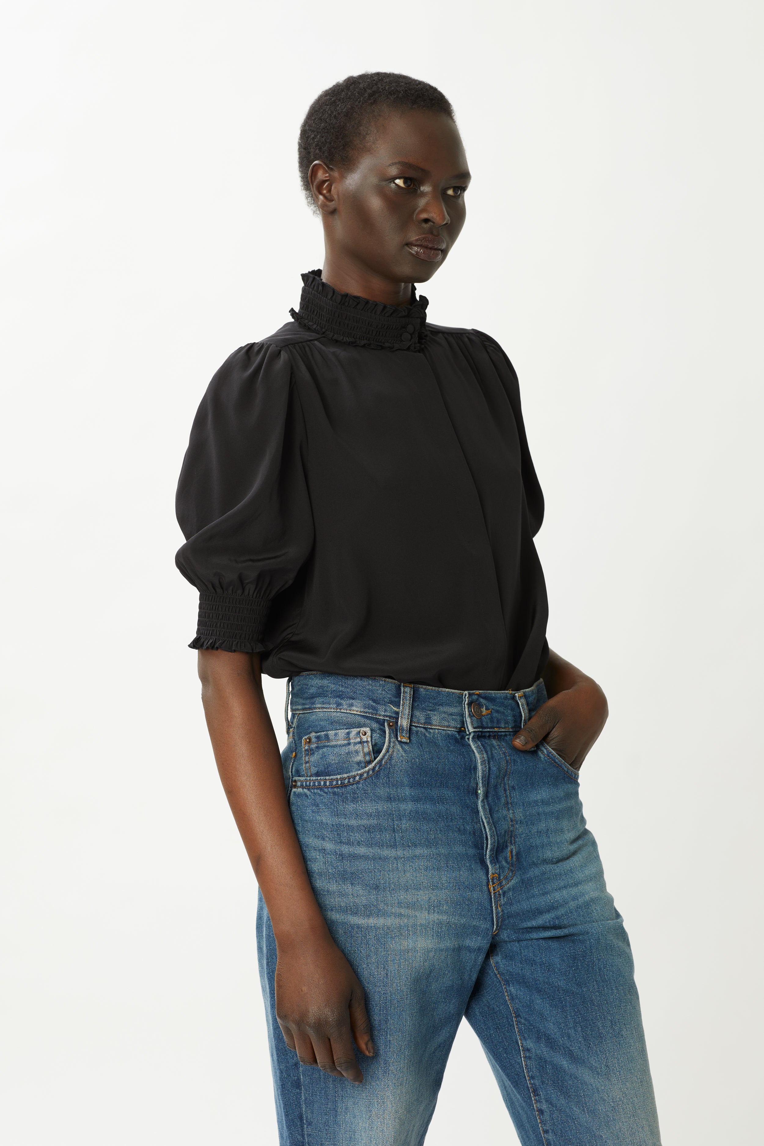 Carrie Short-Sleeve Silk Blouse - Black