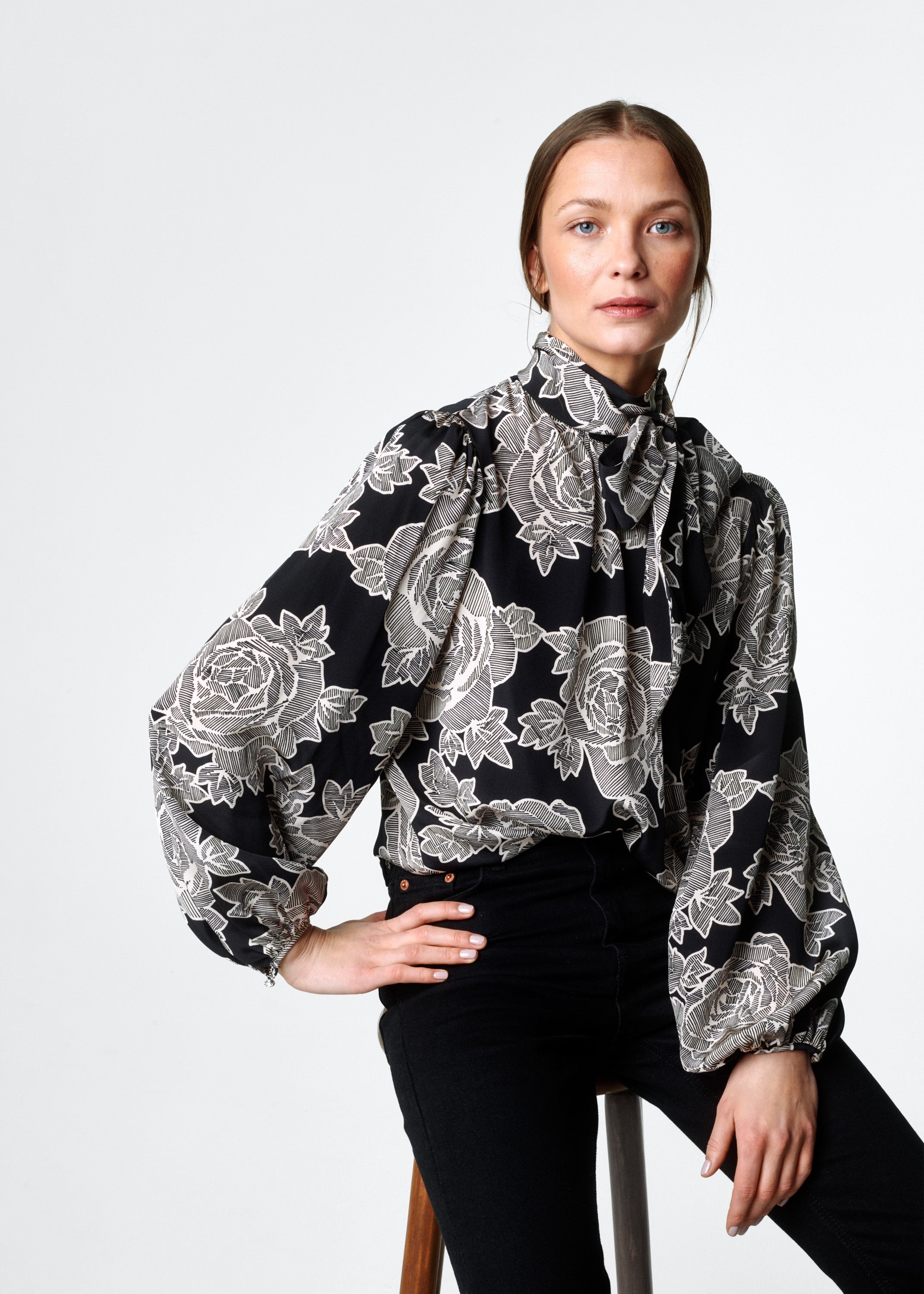 Rosalia Silk Blouse - Black Rose Print