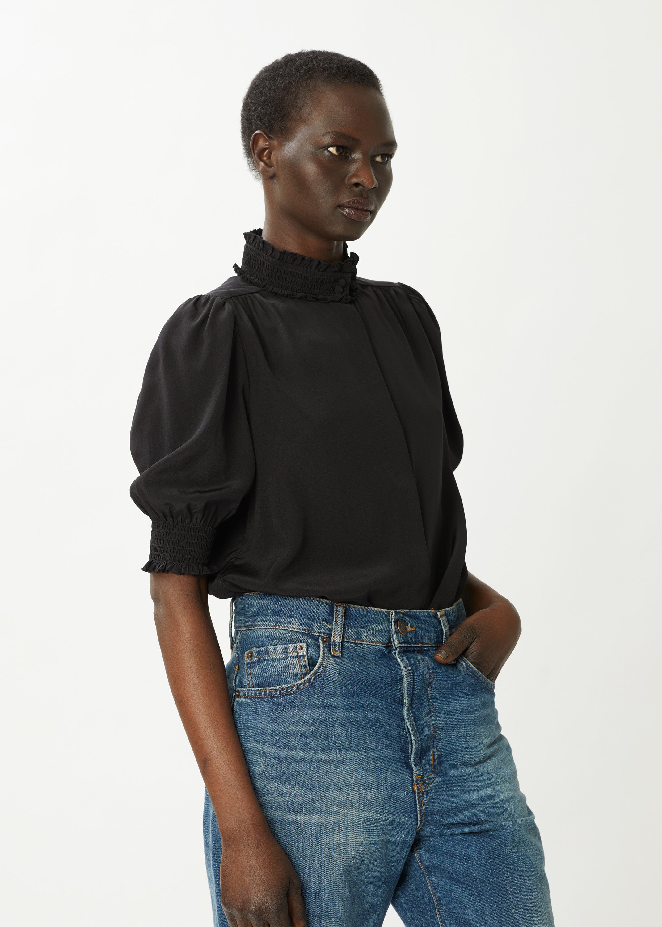 Carrie Short-Sleeve Silk Blouse - Black
