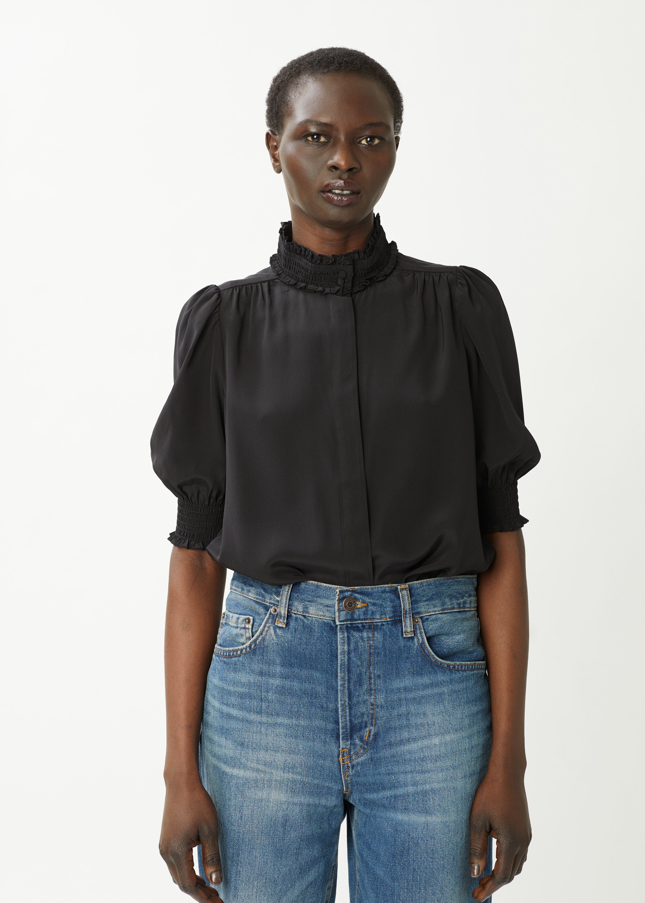 Carrie Short-Sleeve Silk Blouse - Black